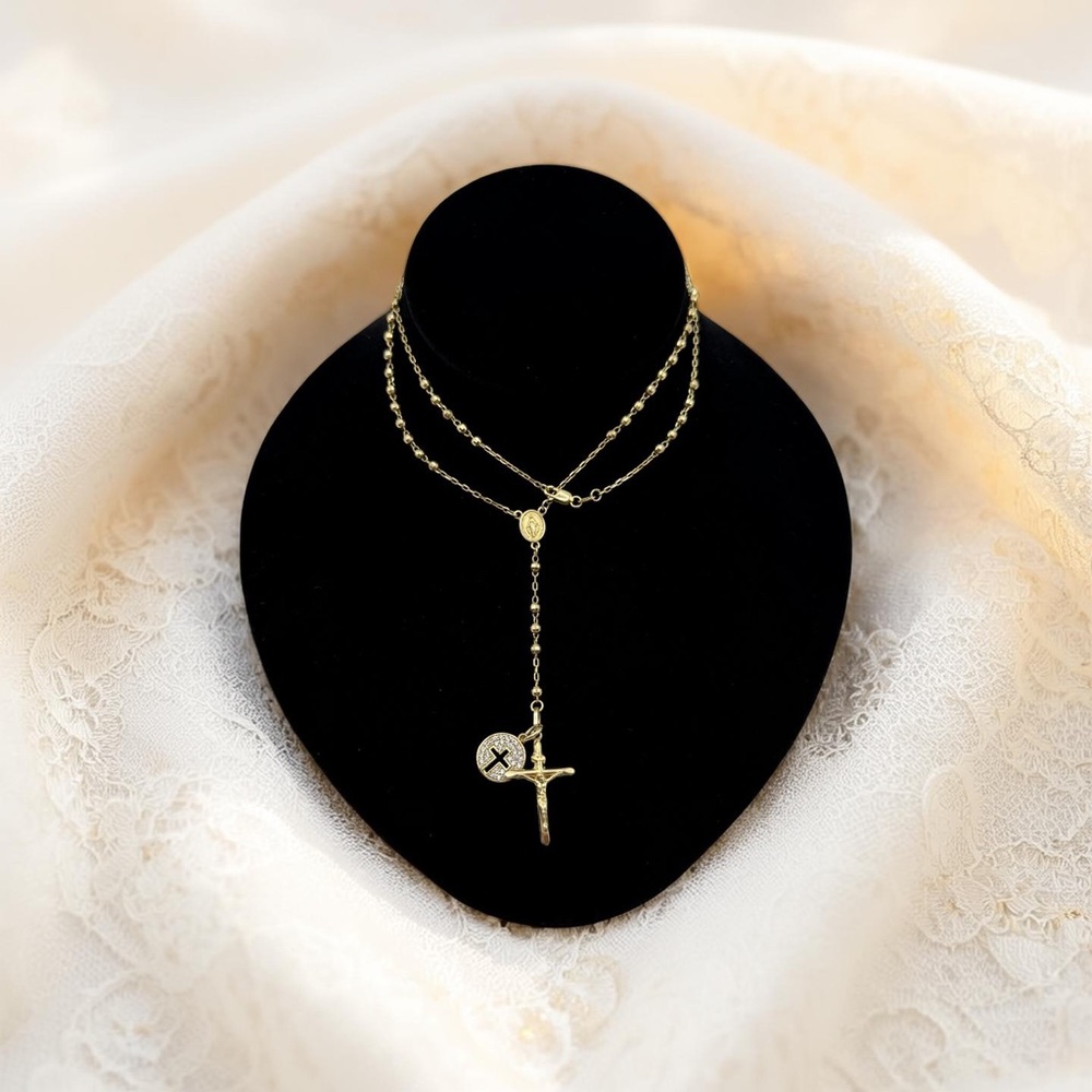 ✝️ 10K Solid Gold Rosary Necklace –  Cross + Crystal Pendant | 8g | 30” ✝️